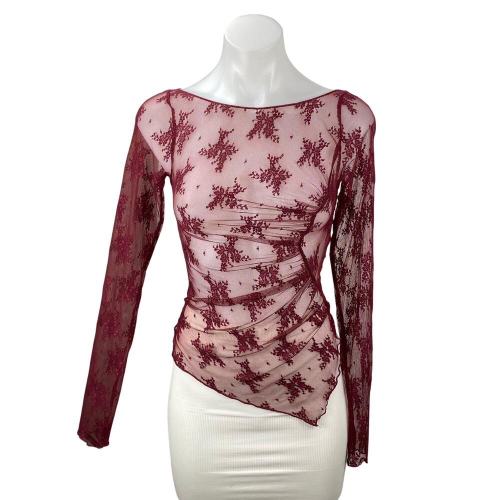Free People Full Bloom Red Layering Mesh Sheer Lace Long Sleeve Blouse Top Sz XS